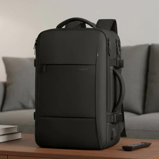 Men's aesthetic business laptop backpack, black, with USB charging port & large capacity for commute.