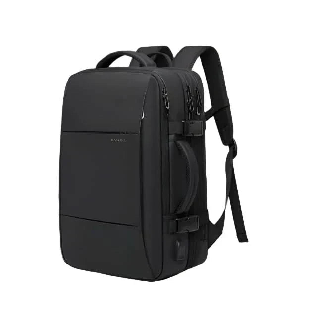 Organized men's business commuter backpack, black, packed with laptop & daily essentials.