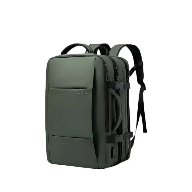 Sleek black men's aesthetic backpack, ideal for business travel & 17-inch laptop.