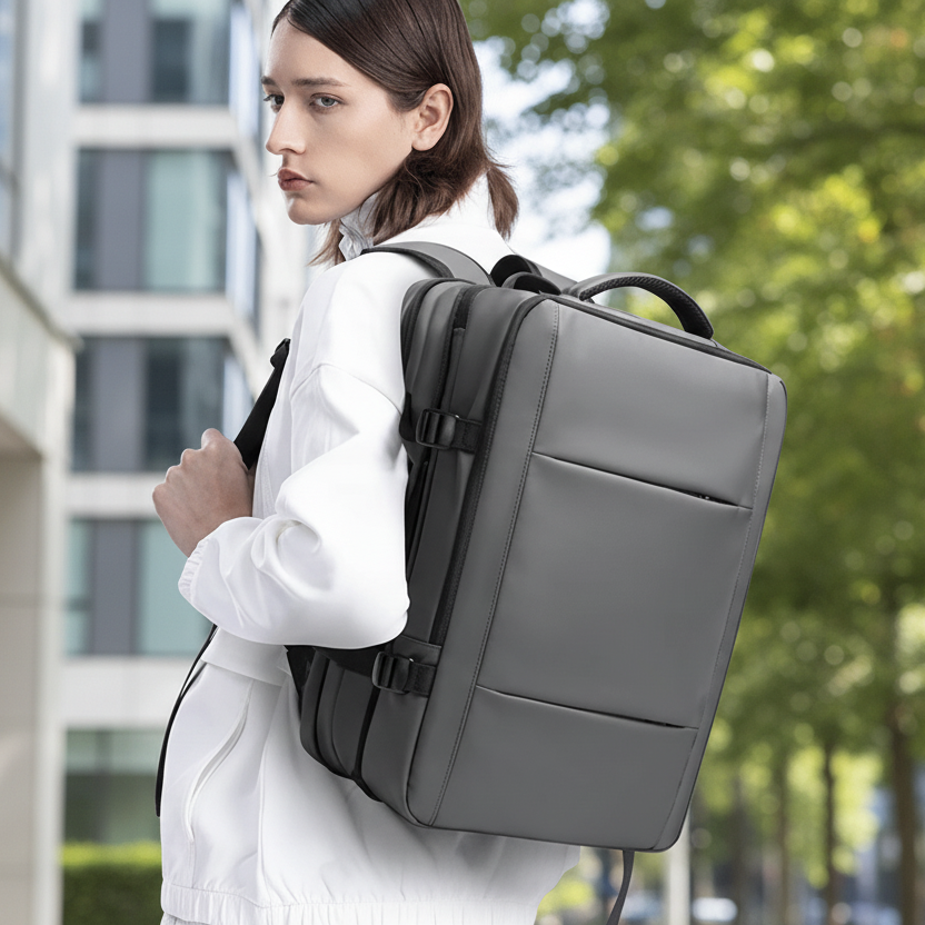 Stylish men's black business backpack. Professional aesthetic design & durable for daily commute.