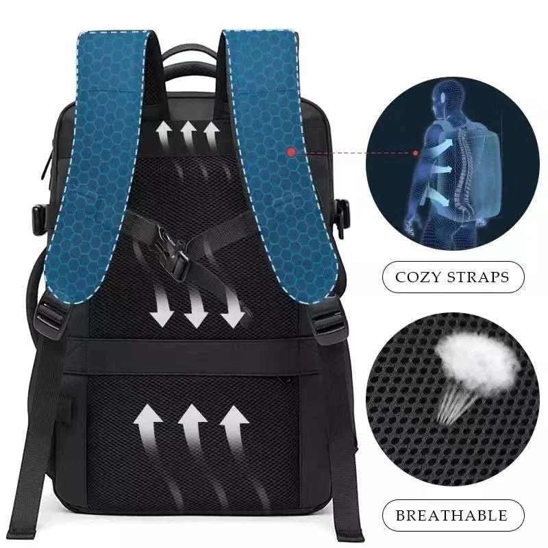 Men's work backpack, black, showing padded 17-inch laptop compartment. Perfect for business travel.