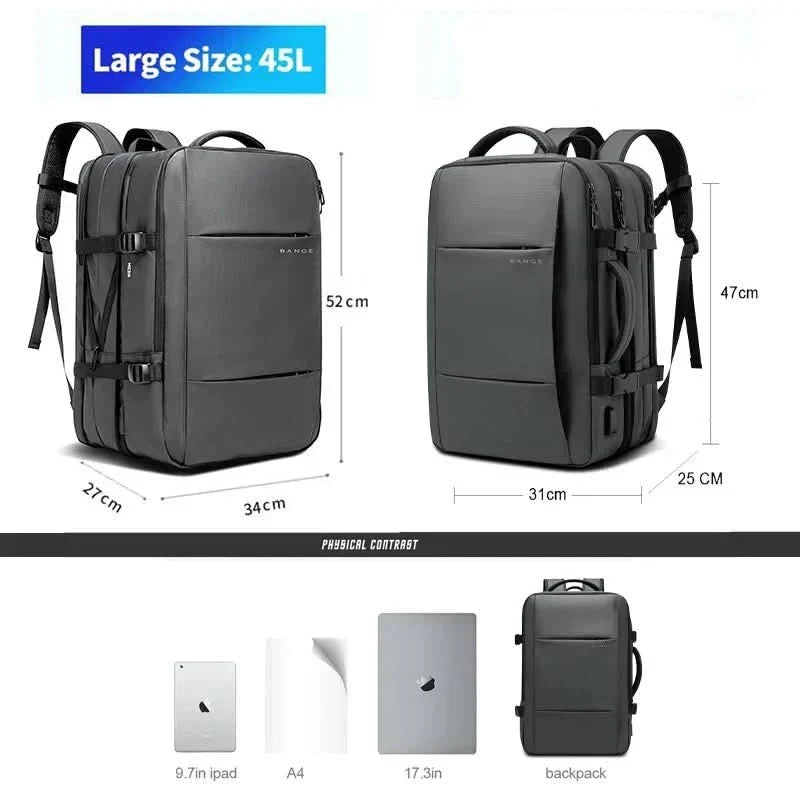 Large capacity men's travel backpack, black, with multiple internal organizer pockets & USB.