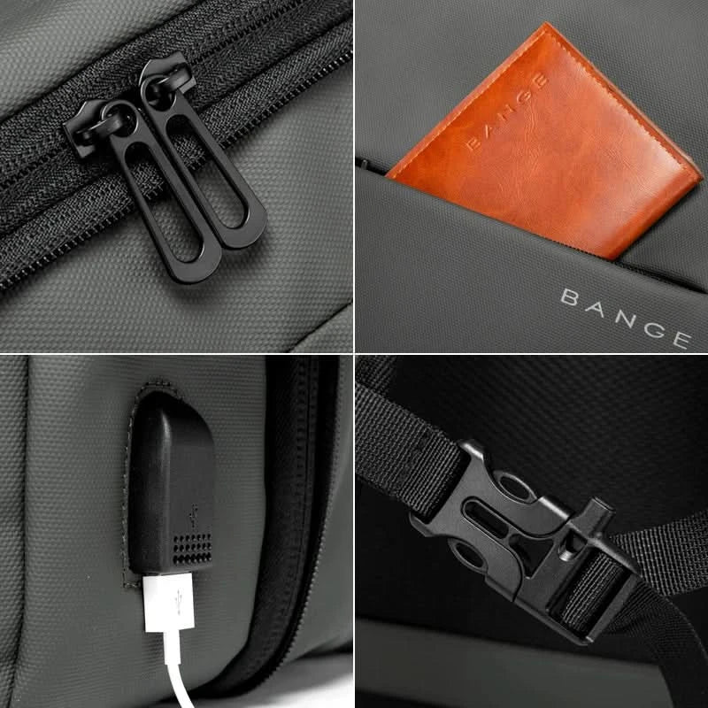 Aesthetic business laptop backpack, black, highlighting external USB charging port for convenience.