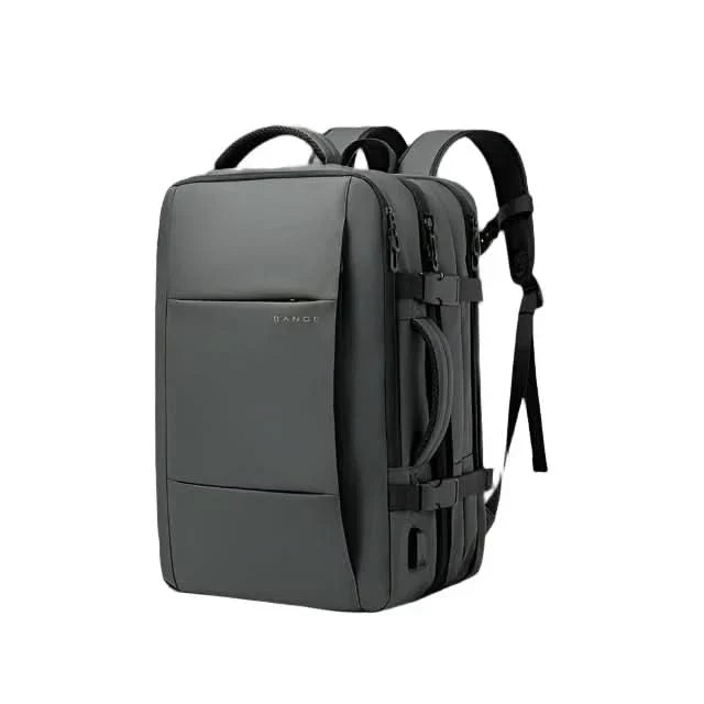 Men's professional backpack, black, demonstrating expandable zipper for extra storage capacity.