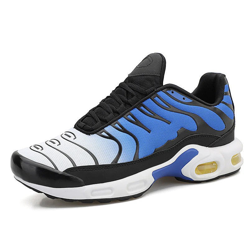 Men's Air Cushion running shoes in black, featuring shock-absorbing sole for enhanced comfort & athletic performance.