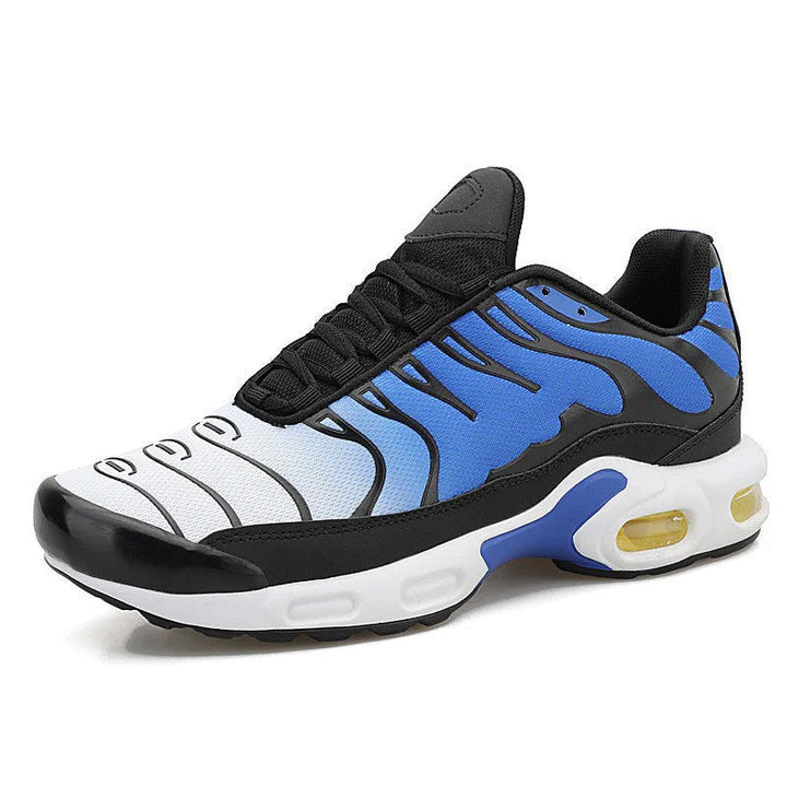 Men's Air Cushion running shoes in black, featuring shock-absorbing sole for enhanced comfort & athletic performance.