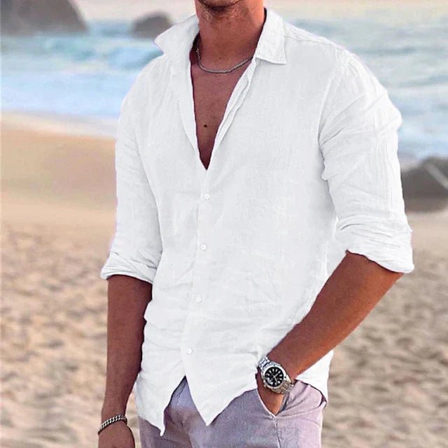 Casual men's long sleeve button-down top, ideal for summer holidays, travel, and everyday comfort.