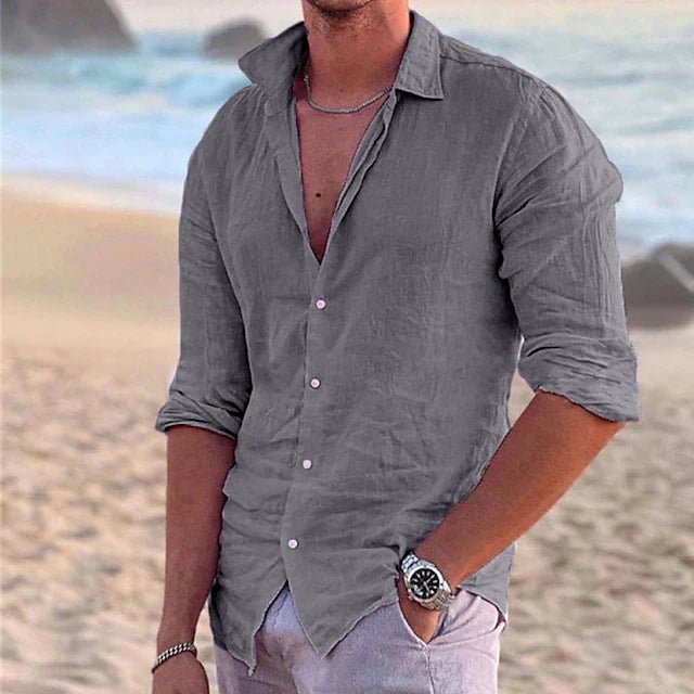 Men's travel-friendly long sleeve button-down shirt; airy, breathable fabric for summer.