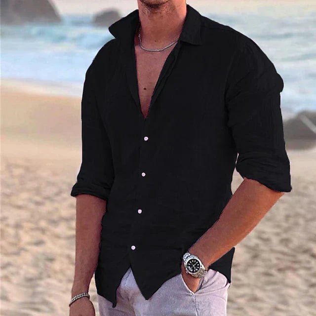 Men's breathable button-down long sleeve casual top for summer & holiday comfort.