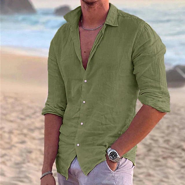 Airy, breathable men's long sleeve button-down shirt, perfect for warm weather and casual trips.