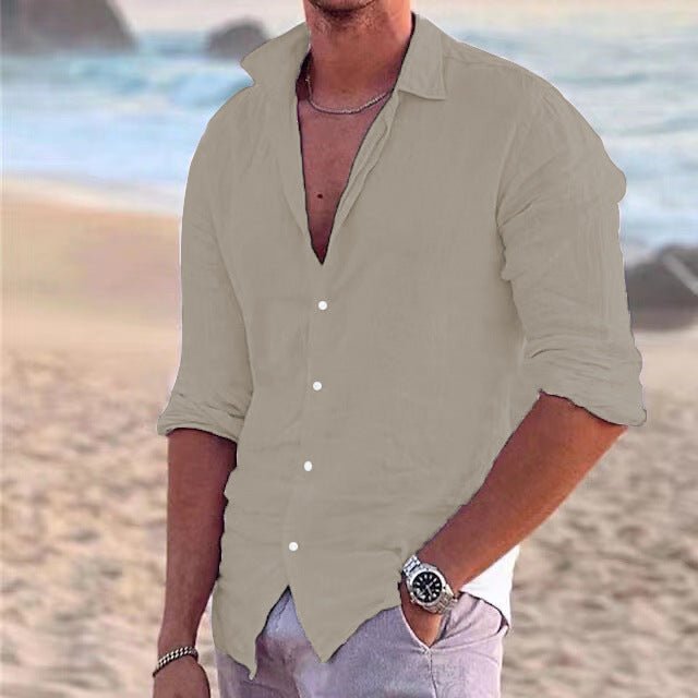 Men's casual airy long sleeve button-down shirt; breathable comfort for summer travel.