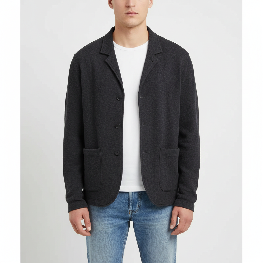 Full shot of a man wearing a slim fit cotton blend Alexander cardigan jacket, great for outerwear