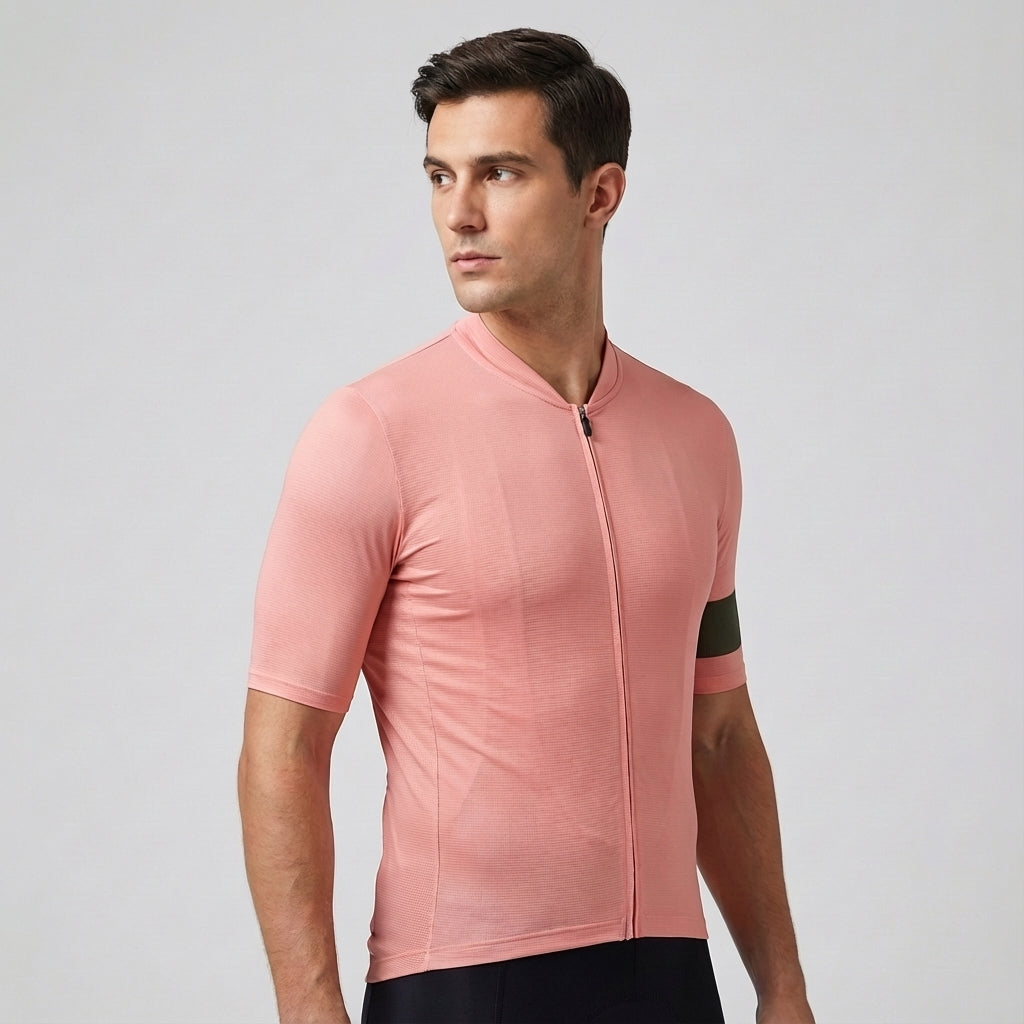 Men's Alfred race fit cycling jersey in green, partially zipped, showing collar detail