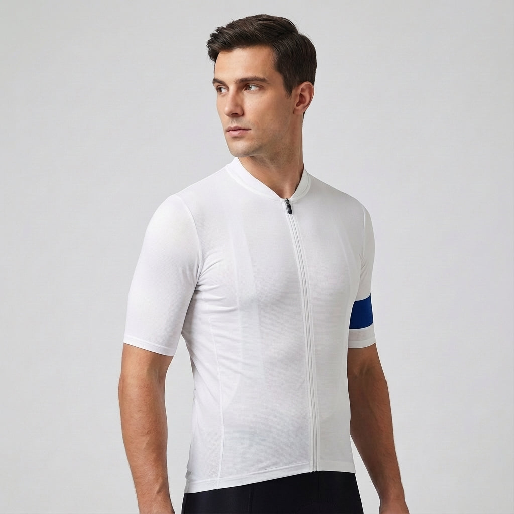 Studio shot of men's performance race fit cycling jersey, Alfred, orange, full length