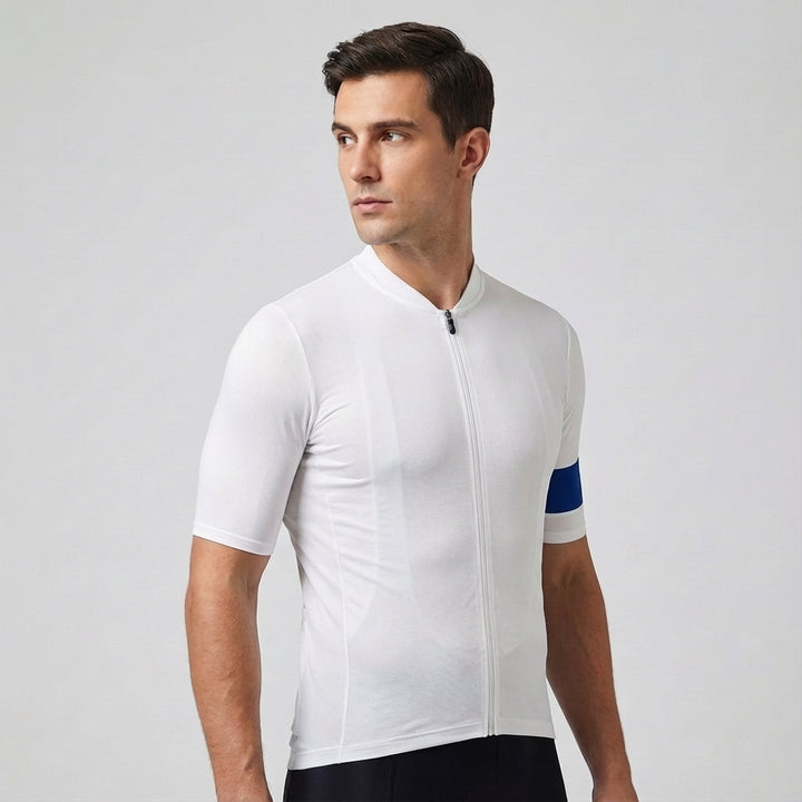 Studio shot of men's performance race fit cycling jersey, Alfred, orange, full length
