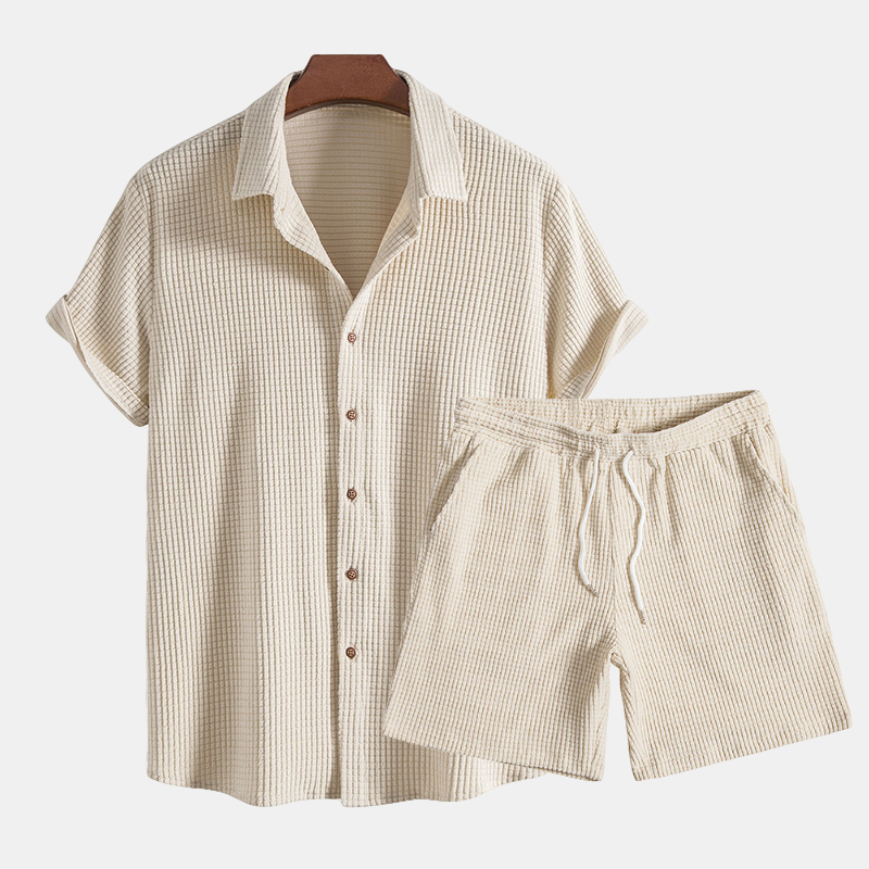 Men's Algarve comfort loungewear set in desert beige. Relaxed fit two-piece casual wear for stylish men.