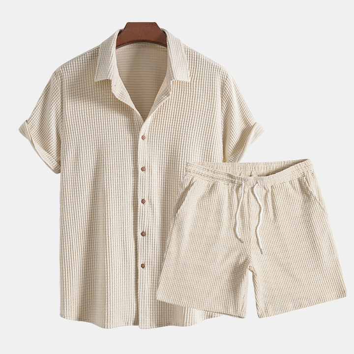Men's Algarve comfort loungewear set in desert beige. Relaxed fit two-piece casual wear for stylish men.