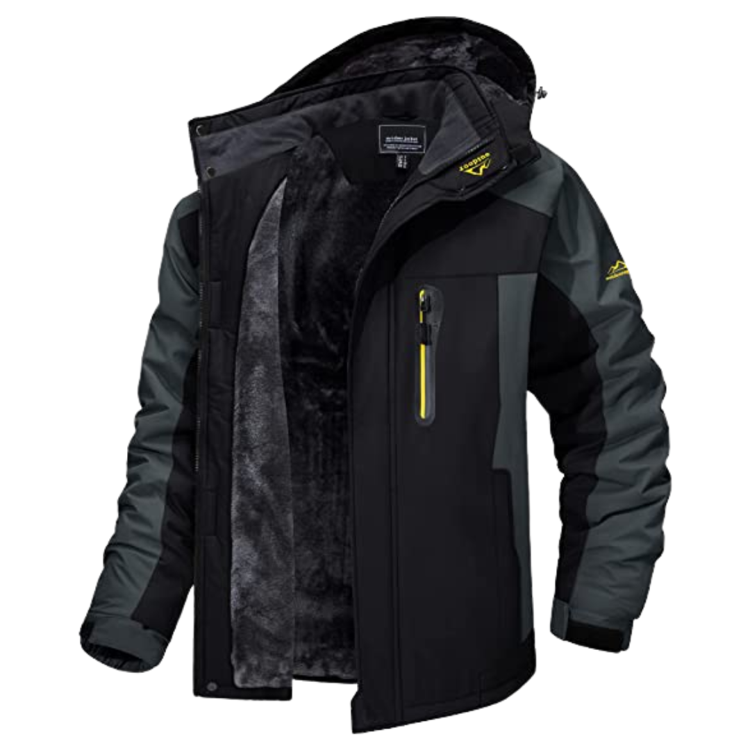 Modern men's outdoor jacket: all-weather, water-resistant, windproof, great for adventure & daily use.