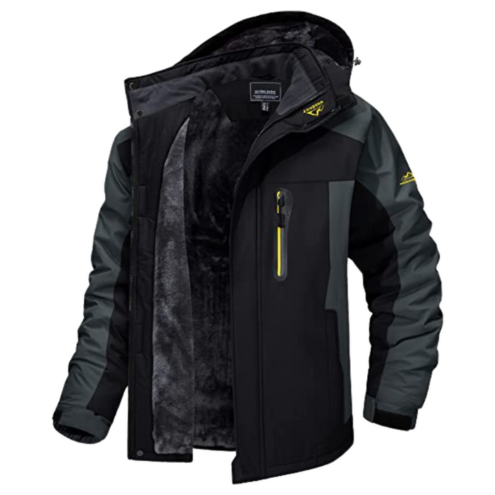 Modern men's outdoor jacket: all-weather, water-resistant, windproof, great for adventure & daily use.