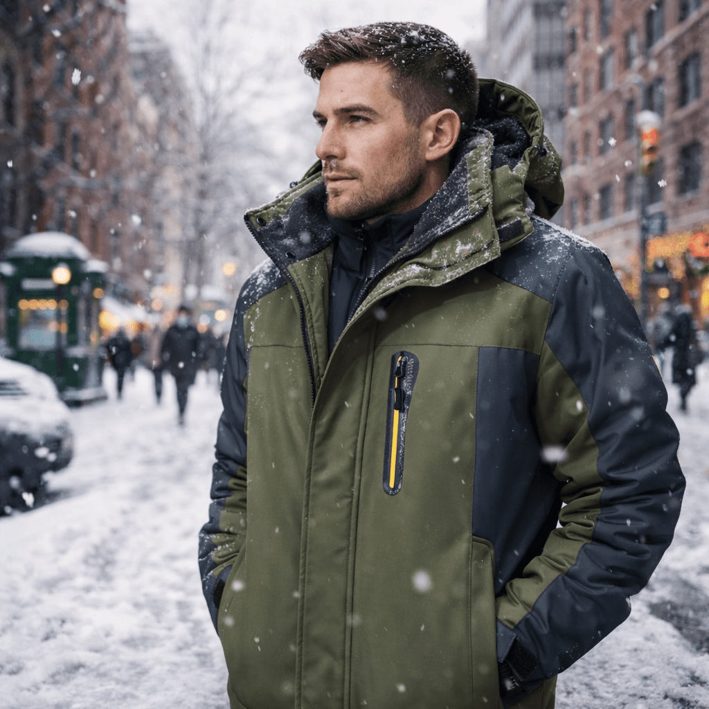Men's all-weather winter coat, waterproof & windproof for cold outdoor activities.