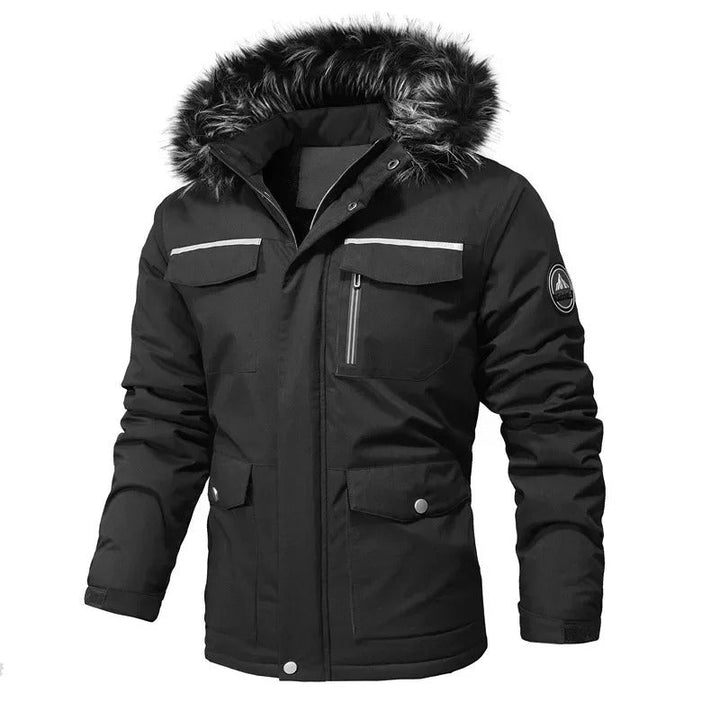 Men's all-weather winter jacket, water resistant & warm, ideal for outdoor protection in cold conditions.
