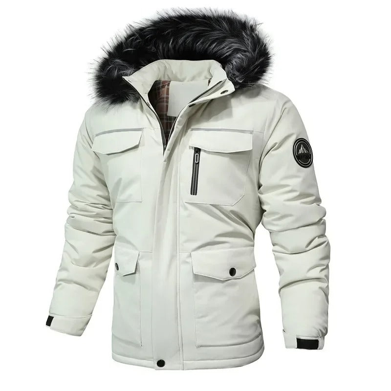 Man wearing a warm, water-resistant all-weather jacket outdoors. Perfect men's winter coat for active casual wear.