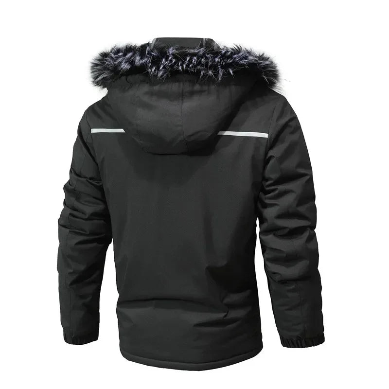 Close-up of a men's all-weather warm jacket, showing water-resistant fabric & protective features. Ideal winter outerwear.