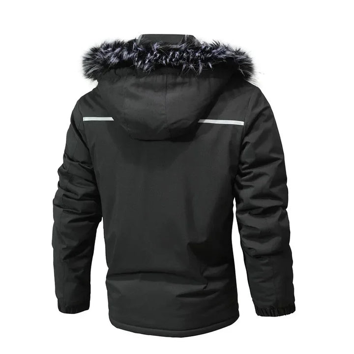 Close-up of a men's all-weather warm jacket, showing water-resistant fabric & protective features. Ideal winter outerwear.