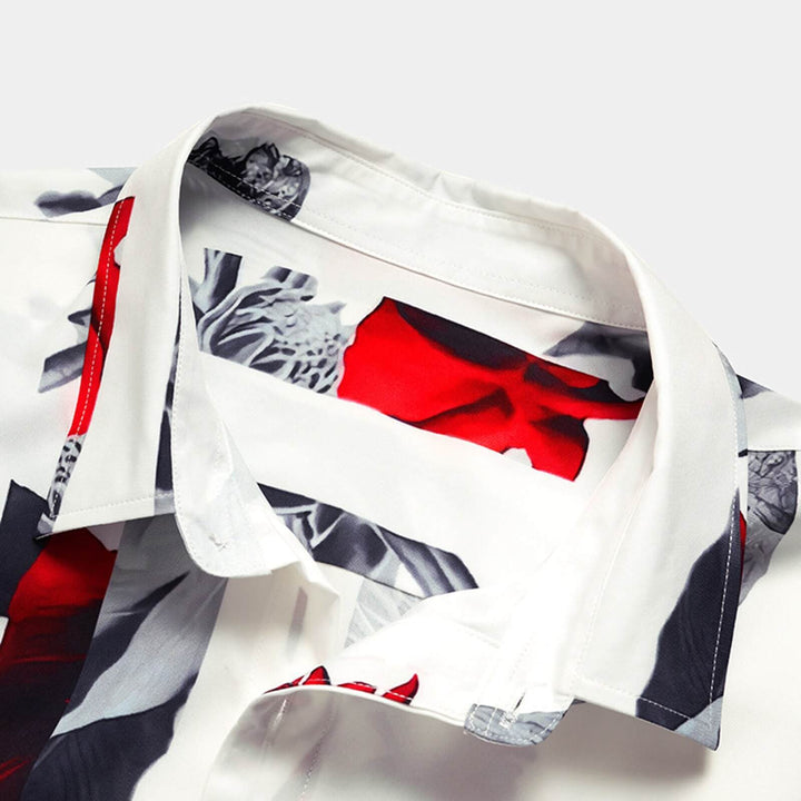 Polyester men's short sleeve shirt, featuring a vibrant tropical print, great for beach and casual wear