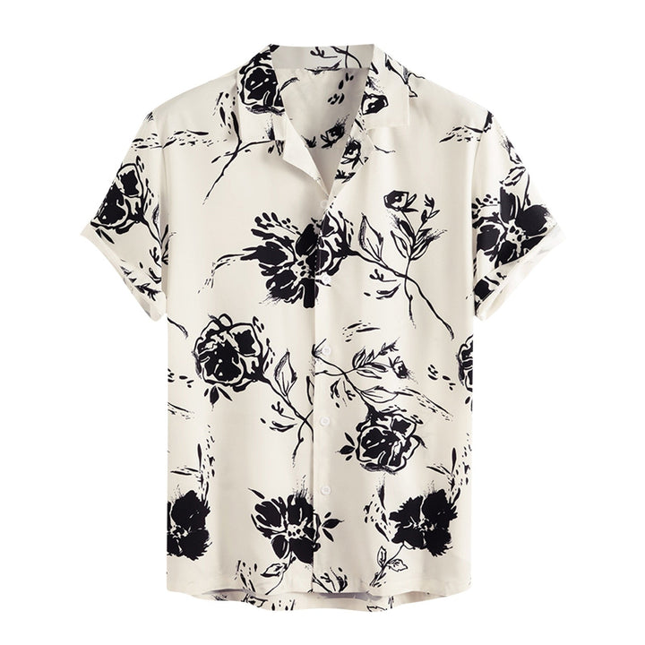 Men's AlohaVibes tropical print short sleeve button-up shirt in blue, perfect for summer fashion.