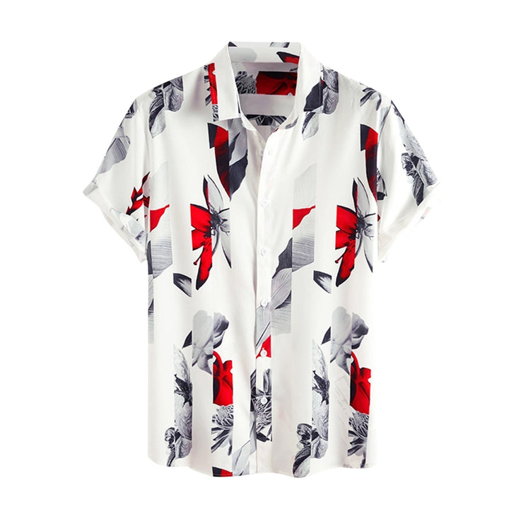 Casual men's vacation outfit: Tropical print short sleeve polyester shirt with vibrant palm tree design.