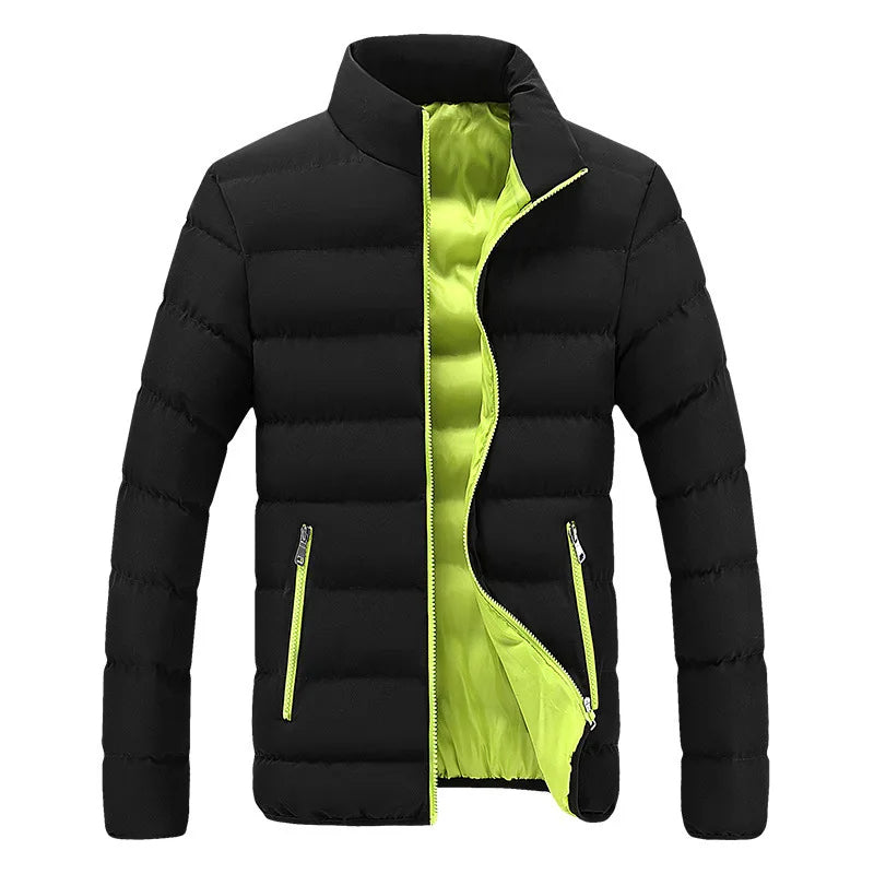 Close-up of a men's Alpine Crest quilted jacket, showcasing the durable, water-resistant fabric.