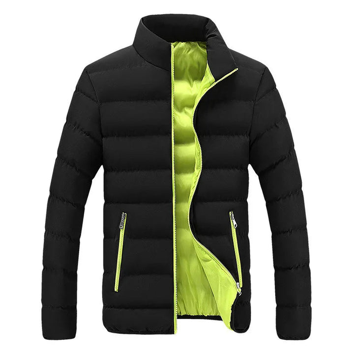 Close-up of a men's Alpine Crest quilted jacket, showcasing the durable, water-resistant fabric.