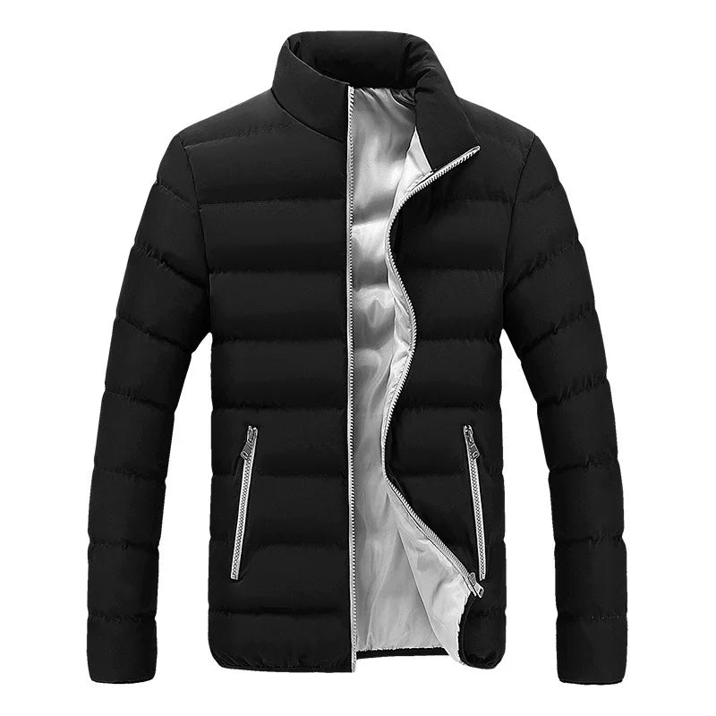 Dark blue men's quilted jacket, a versatile slim fit puffer for lightweight warmth in fall and winter.