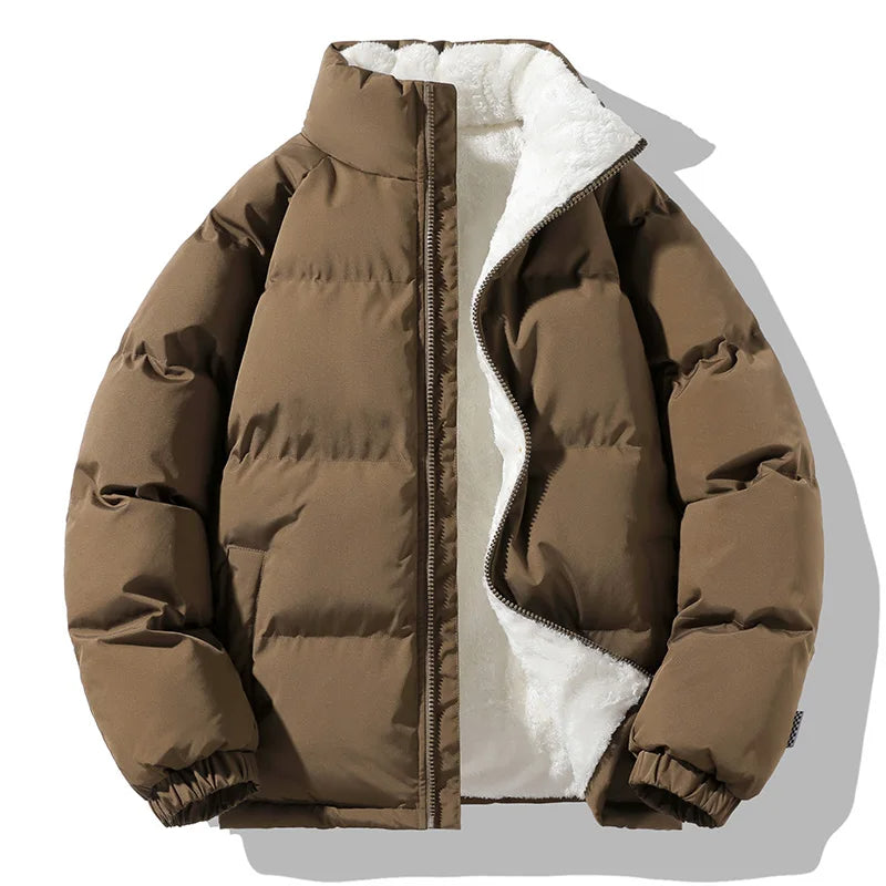 Men's Alpine insulated puffer jacket. Warm, windproof winter coat for cold weather. Features high collar, zipper front.