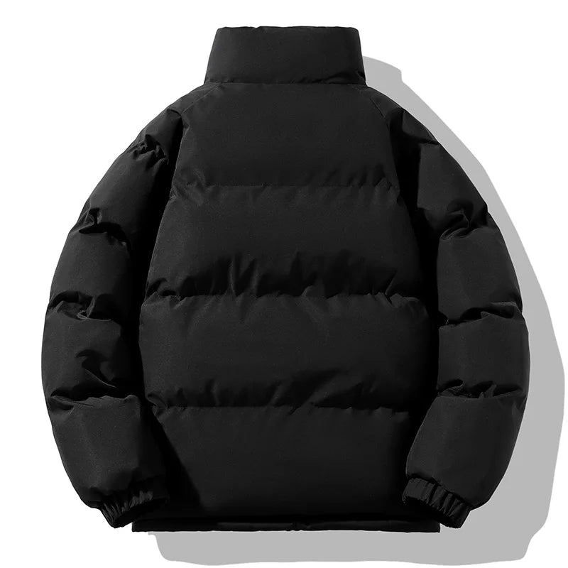 Durable men's insulated winter puffer jacket. Windproof, warm design with high collar & zipper, perfect for cold weather.