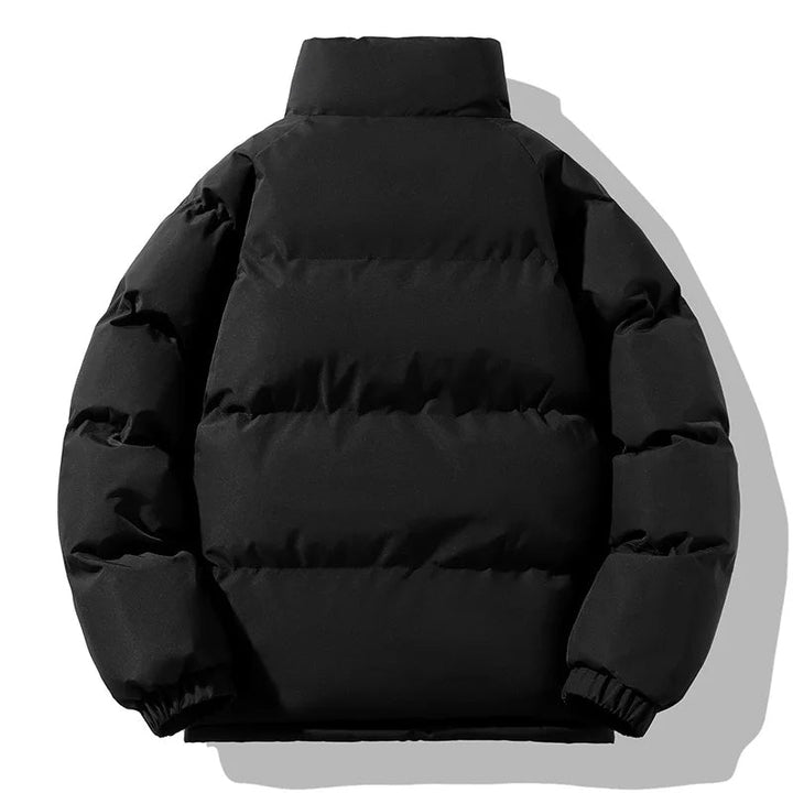 Durable men's insulated winter puffer jacket. Windproof, warm design with high collar & zipper, perfect for cold weather.