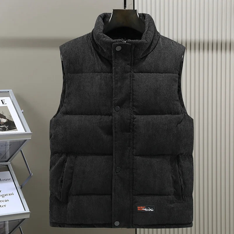 Warm men's Alpine puffer vest, ribbed design for winter style & comfort. Essential casual outerwear.