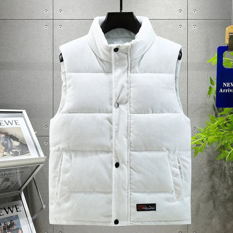 Casual men's puffer vest, ribbed for texture. Versatile sleeveless jacket for everyday fall & winter wear.