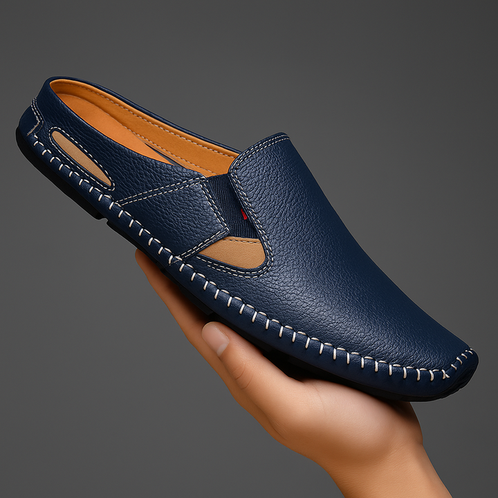 Men's Amalfi comfort sandals in navy with adjustable straps, perfect for all-day summer wear.