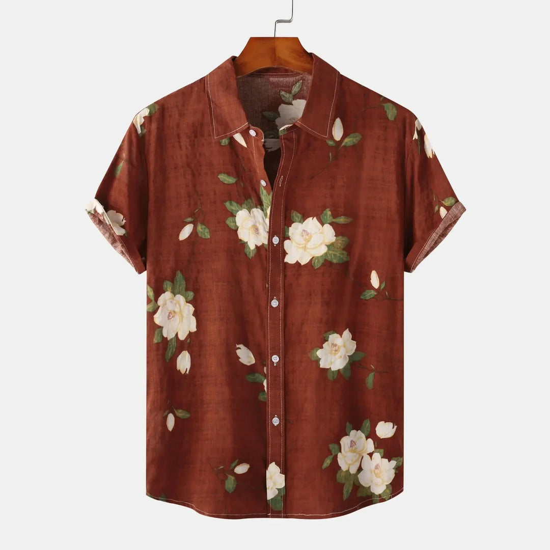 Amalfi floral men's shirt. Relaxed fit, short sleeve, vibrant print. A casual button-up for summer, vacation & beach.