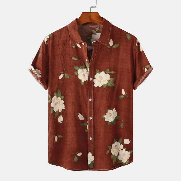 Amalfi floral men's shirt. Relaxed fit, short sleeve, vibrant print. A casual button-up for summer, vacation & beach.