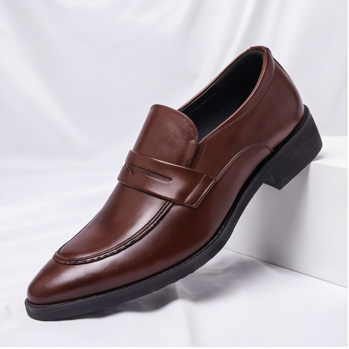 Men's Amalfi Penny Loafers, sleek black leather slip-on shoes for everyday comfort & style.
