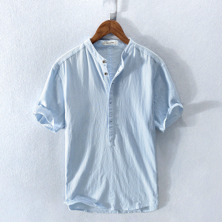 Casual men's short sleeve Amalfi Henley shirt, relaxed fit, breathable fabric for ultimate summer comfort.