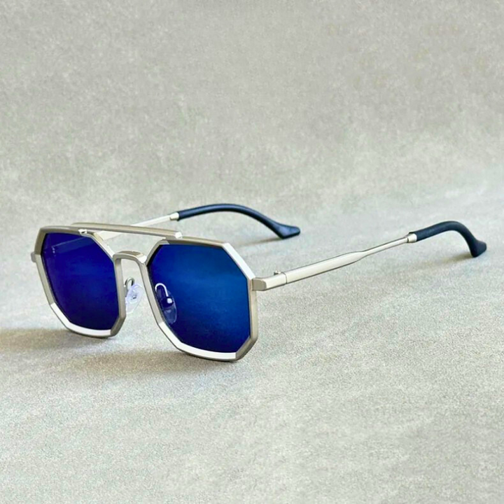 Bold men's angular double bridge sunglasses, UV400 lenses for eye protection and fashion eyewear.