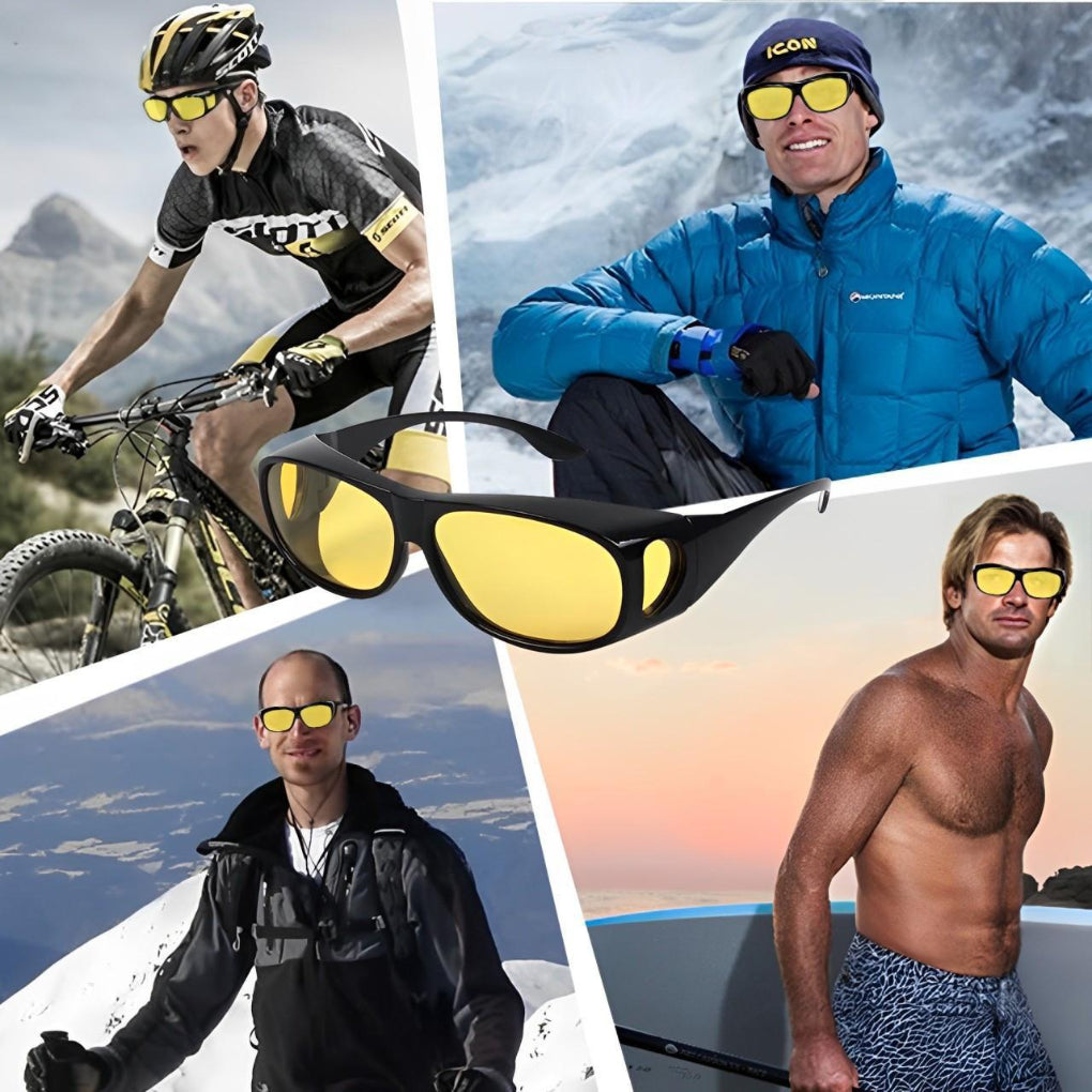 Men's yellow tint anti-glare driving glasses for improved night vision and over-glasses wear.