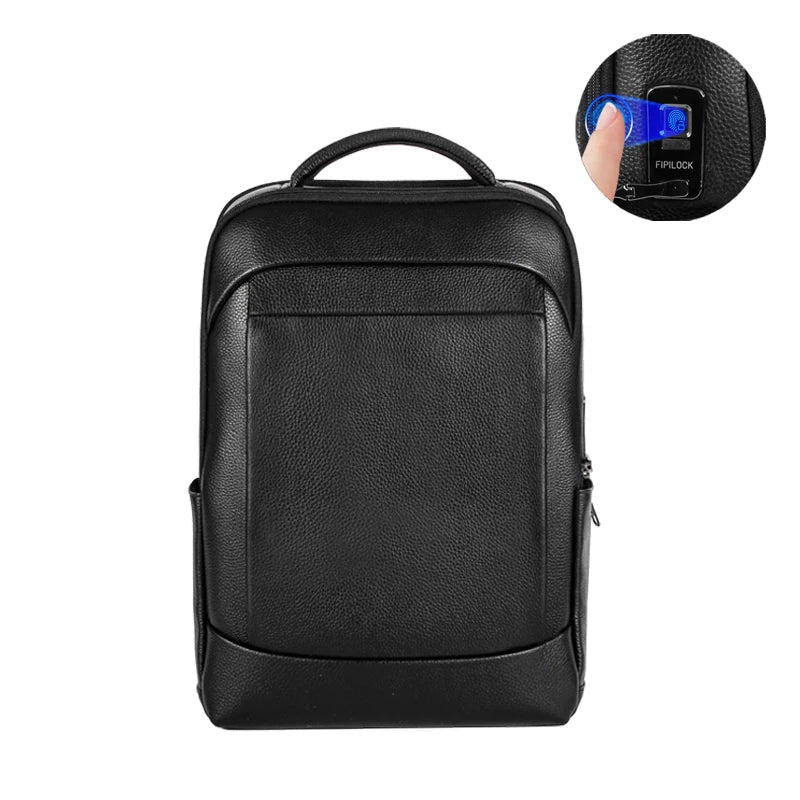 Secure men's laptop backpack, showing fingerprint lock detail and spacious main compartment for work travel.