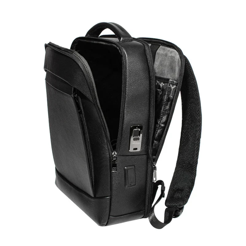 Stylish anti-theft men's tech backpack, perfect for business travel, highlighting secure access and ample storage.