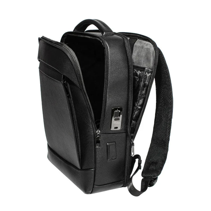 Stylish anti-theft men's tech backpack, perfect for business travel, highlighting secure access and ample storage.