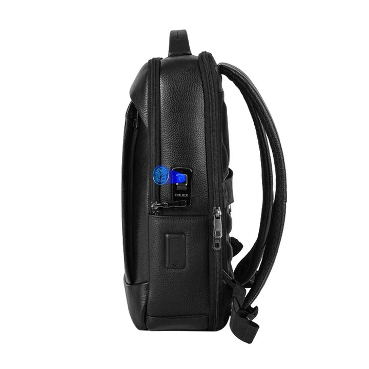 Stylish men's business laptop bag. Large-capacity, anti-theft commuter backpack with secure fingerprint lock.